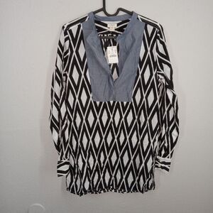 J Crew Black Diamond Patterned Long Sleeve Tunic XS NWT